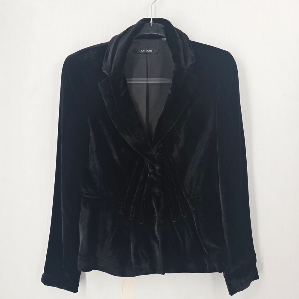 Tahari Black Silk Blend Velvet Snap Front Tailored Peplum Blazer Size 8